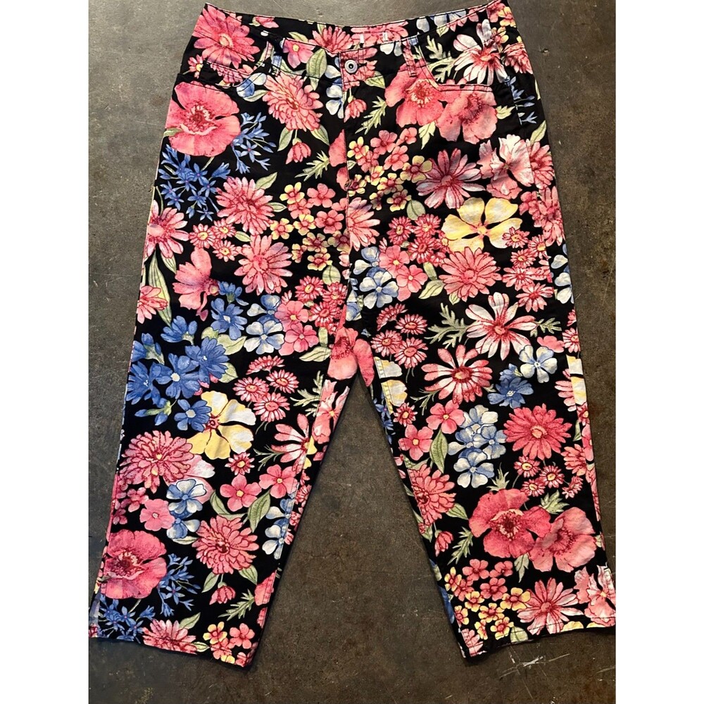 Liz Claiborne Pants Womens 12 Floral Print Capri Cotton Black Multicolor - Picture 2 of 6